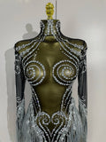 Women Evening Birthday Party Nightclub Dance Singer Stage Outfit Sexy Sparkly Rhinestone Sequins Tassel Mesh Transparent Dress