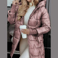 Women Hooded Quilted Mid-Length Puffer Coat Zipper Shiny Surface Warm Cotton Padded Jacket 2026 Fashion Casual Winter Outerwear