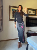 Women Color Block Floral Print Midi Skirt High Waist Straight Satin Long Skirt 2026 Fashion Chic Elegant Party Ofice Daily Wear