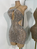 Sparkly Silver Rhinestones Mini Dress Luxury Women Sexy Mesh Hollow Out Celebrity Birthday Cocktail Dresses Performance Wear