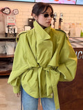 Women Short Trench Coat Lapel Collar Belt Waist Cinched Oversized Long Sleeve Windbreaker Jacket Shoulder Epaulets Spring Autumn