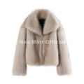 Exclusive Black Faux Leather Fur Cropped Coat Women Winter 2026 Chic Reversible Gradient Fluffy Fox Fur Jacket Overcoat