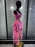 Pink Mesh Ruffles Women Sleeveless Sexy Shining Rhinestones Bodycon Mini Dress Celebrate Bar Singer Birthday Photoshoot Wear
