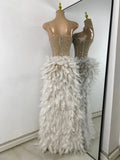 Women Sexy Straplss Crystals Diamonds Feather Luxury Party Dress Designer Mesh Transparent Performance Stage Outfit