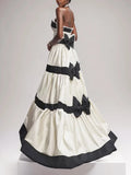 Elegant Colorblock Patchwork Bow Dresses For Women Strapless Sleeveless High Waist Formal Long Dress Female Wedding Gowns