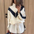 Color Block Zip Up Two Piece Set Women Long Sleeve Stand Collar Cropped Jacket High Waist Shorts 2026 Spring Summer Casual Suit