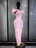 Black Pink Women Sexy Short Sleeve Shining Rhinestones Bodycon Long Bandage Dress Elegant Evening Bithday Party Cocktail Wear