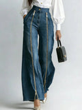 Women Denim Jeans High Waist Wide Leg Double Zipper Spliced Split Hem Vintage Streetwear Chic Autumn 2026 New
