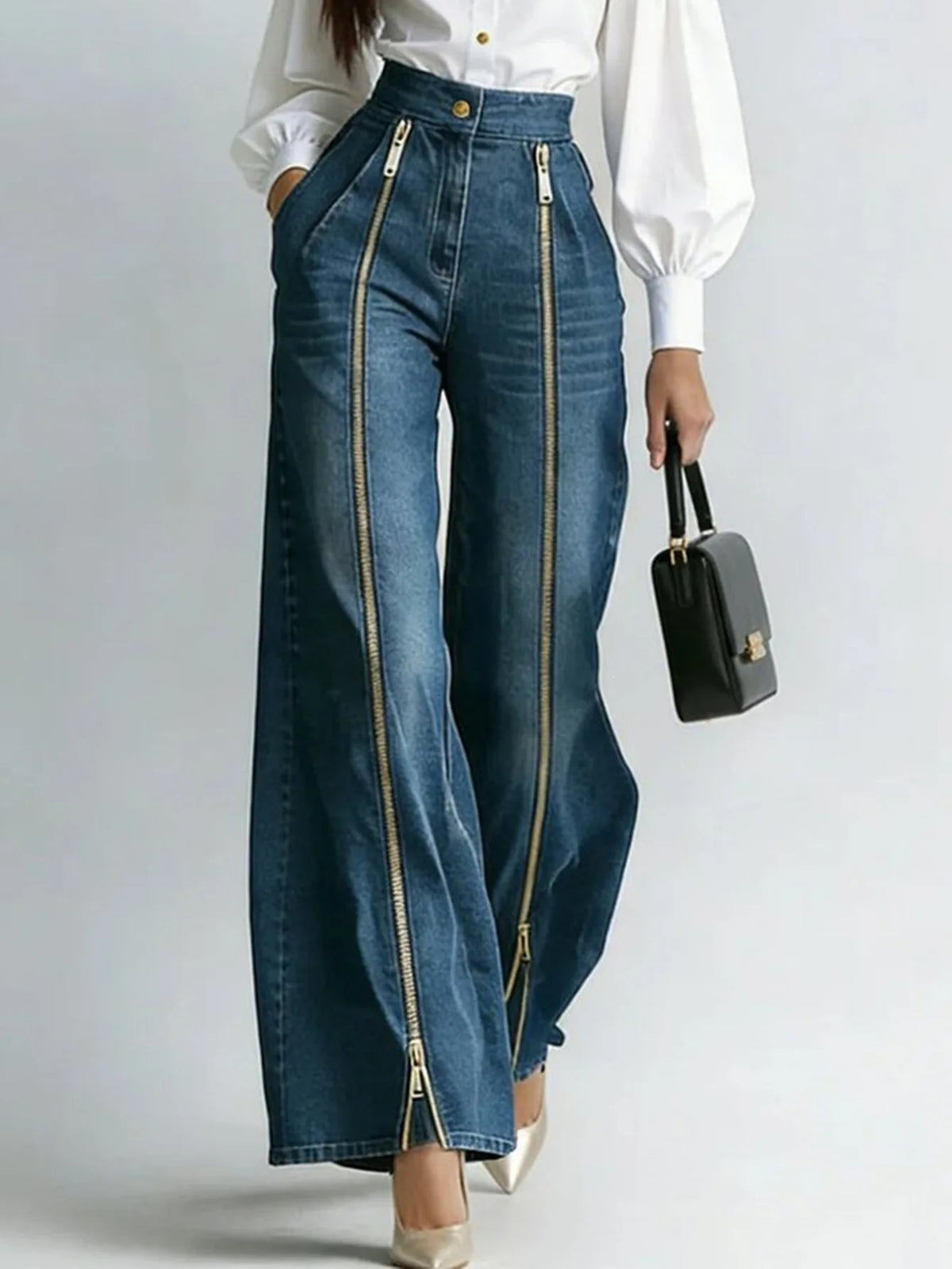 Women Denim Jeans High Waist Wide Leg Double Zipper Spliced Split Hem Vintage Streetwear Chic Autumn 2026 New