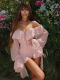 Ruffles Edge Elegant Bodysuits Dress Woman Mesh Patchwork Slash Neck Flared Sleeve Birthday Party Style Mini Bodycon