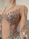 Women Sexy Sparkly Diamonds Sequins Long Sleeves Mesh See Through Long Dress Luxury Birthday Evening Party Nightclub Stage Wear