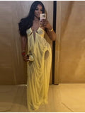 Sexy Yellow Chiffon Halter Maxi Dress Lady Chic Hollow Out Backless Lace Up Sleeveless See Through Robe Female Spring Party Wear