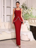 Solid Diamond Wave Cutting Design Sling Dress Sexy Sleeveless Waist Cinching Slim Women Dresses Evening Party Gown