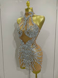 Sparkly Rhinestones Sexy Mesh See Through Mini Dress Party Evening Prom Celebrate Birthday Dress Singer Dancer Show Stage Wear