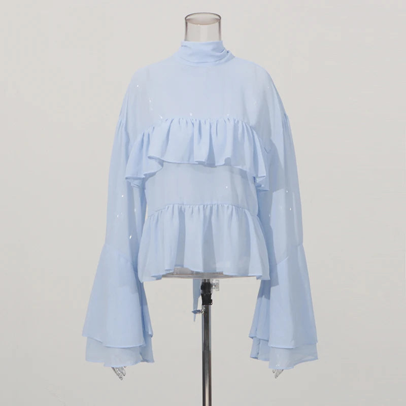 Solid Spliced Ruffles Slimming Blouses for Women O Neck Long Sleeve High Waist Shirts Female Fashion
