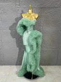 Sexy Mermaid Evening Dress Mint Green Fold Tulle Ruffle Train Rhinestone FoldFormal Gown For Women Pageant Performance Costume
