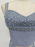 Glam Rhinestone Fringe 2 Piece Set for Women Sweetheart Neck Crop Cami Top High Waist Floor Length Skirt for Evening Party
