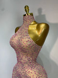 Women Sexy Backless Pink Diamond Mesh See Through Long Dress Evening Club Party Celebrity Elegant Stage Performance Costume