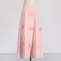 Solid Color Spliced Appliques Elegant A-line Skirt White Pink Mid-length For Women High Waist Skirt Female