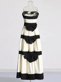 Elegant Colorblock Patchwork Bow Dresses For Women Strapless Sleeveless High Waist Formal Long Dress Female Wedding Gowns