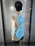 Skyblue Women Long Sleeve Shining Sequins Mesh See Through Bodycon Mini Dress Nightclub Bar Singer Celebrate Performance Costume