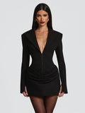 Elegant Office Dress Women Sexy Single-Breasted Hidden Buttons V-Neck Full Sleeve Folds Fashion Commute Bodycon
