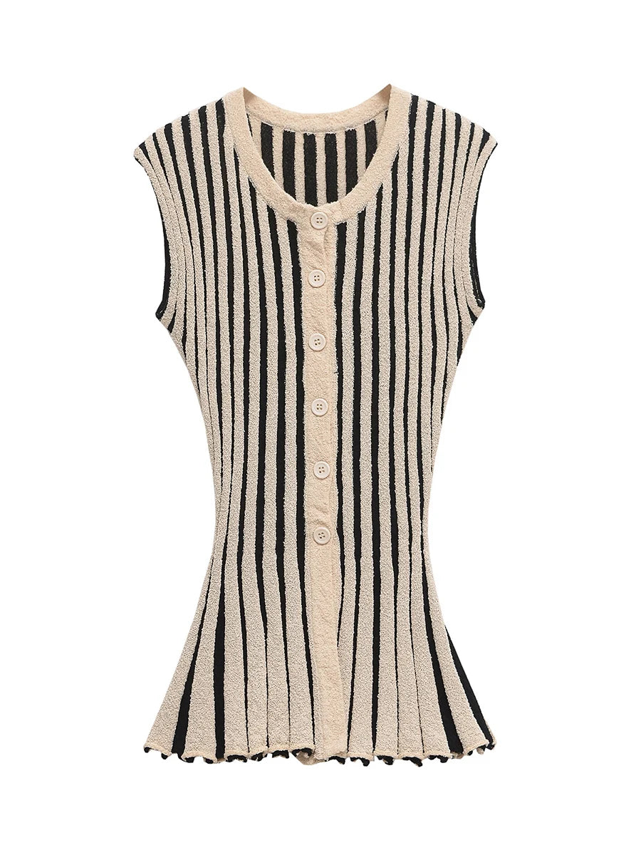 Striped Loose Two Piece Set for Women O Neck Sleeveless Top High Waist Wide Leg Pants Casual Sets Female Sumemr New