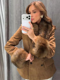 Retro Suede Faux Fox Fur Collar Blazer Coat Long Sleeve Double Breasted Fluffy Furs Cuff Women Fashion Jacket 2026 Chic Outfits