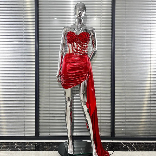 Ruby Perspective Fishbone Line Tube Top Ribbon Skirt Set Fashion Hot Party Stage Performance Gown White Dresses With Rhinestones