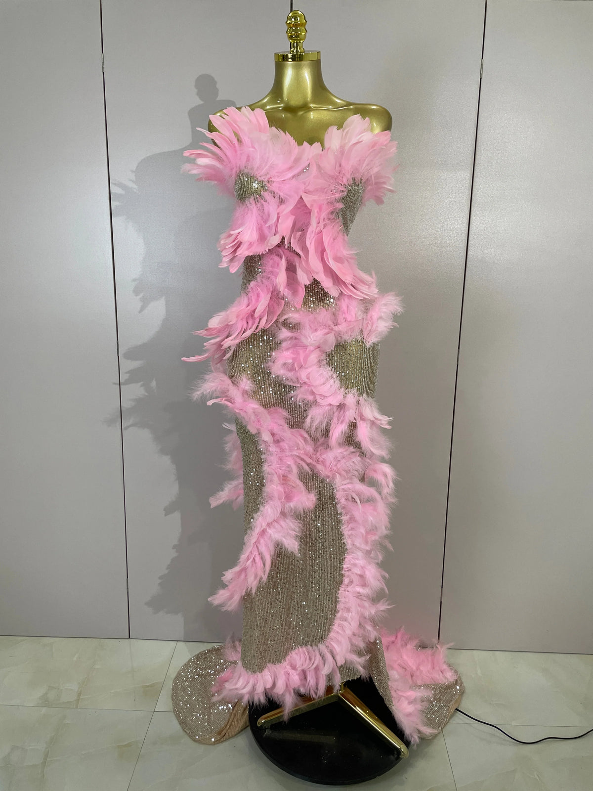Women Sparkly Sequins Pink Feather Mesh Sleeveless Mermaid Maxi Dress Evening Party Birthday Night Club PromGown Sexy Stage Wear