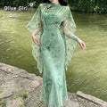 Olive Girl Purple Dramatic Qipao for Garden Wedding 2026 Fairycore Photoshoot S-L XS-3XL Plus Size Dramatic Silhouette Romantic Garden Party Editorial Not Costume Qipao Cheongsam Chinese Dress Chinese Heritage Fashion Women
