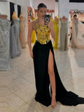 New Fashion Gold Color Laced-up Tops 2 Pieces Bodycon Floor-length Dress Elegant Evening Party Celebrate Dress Vestido