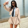 Women's 2 Piece Fashion Lapel Zip Jacket Pleated Shorts Suit Vintage Streetwear New Party  Autumn Female Short Sets