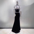 Women's Fashion Gloves Shiny Rhinestone Neck Waist Black Velvet Dress Celebrity Dinner Red Carpet Party Evening Performance Gown