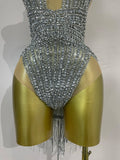 Sparkly Silver Diamonds Tassel Mesh Sheer Bodysuits Eveing Birthday Party Latin Dancer Bar Nightclub Sexy Stage Costume
