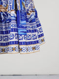 Fashionable Retro Printed Short Dresses for Women Deep Neck Ruffles Sleeve High Waist Patchwork Puff Dress Female Clothing