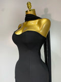 Sexy Strapless Long Bandage Dress Black Mesh Patchwork Elegant Women Blackless Evening Party Gowns Bodycon Birthday Dresses