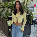 New Fungus Long Sleeve Knitted Cardigan Female Contrast Color Splice Short Top Lace Up Bodycon Sweater Cardigan Lady