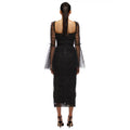 Women's Black Sheer Mesh Trumpet Sleeve Square Neck Waist-Cinching Dress Elegant Evening Performance Gown Vestidos De Bienvenida