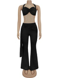 Ruched 2 Piece Set Women Sexy Halter Backless Bra+Metal Casp Ribbon Flared Pants Matching Party Club Stretch Outfits