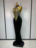 Sparkly Rhinestone Velvet Maxi Long Dress For Woman Sexy Backless Luxury Birthday Dress Evening Party Nightclub Stage Costume