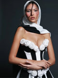 Women's Spring 3D White Rose Black White Striped Tube Top Skirt Fashion Elegant Dinner Party Bandage Performance Gown Robe Femme