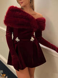 Solid Patchwork Diamonds Designer Dresses For Women Round Neck Splicing Gloves High Waist Mini Chic Dress Female
