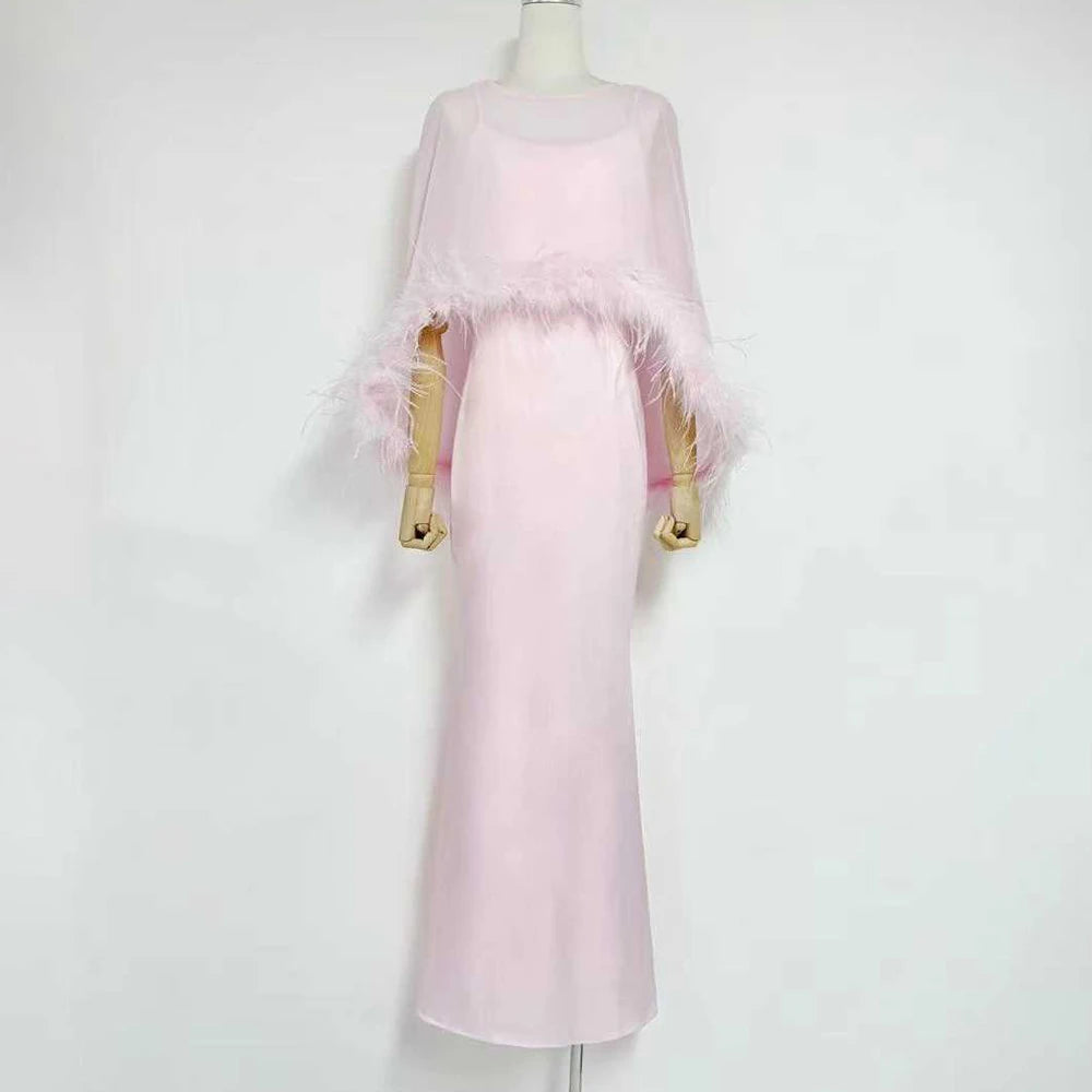 Formal Feather Cape Sleeve Maxi Dress for Women O Neck Spaghetti Strap Floor Length Long Evening Prom Cocktail Party Gown