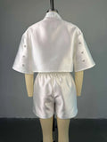 Fashion Beading Women's Set 3/4 Sleeve Shirt Tops and Shorts Sets  Summer Street Two 2 Piece Sets Outfits Tracksuit