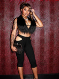Furry Sexy 2 Piece Set Women Tracksuit Backless Tank Tops+High Waist Hollow Bike Shorts Nightclub Matching Outfits