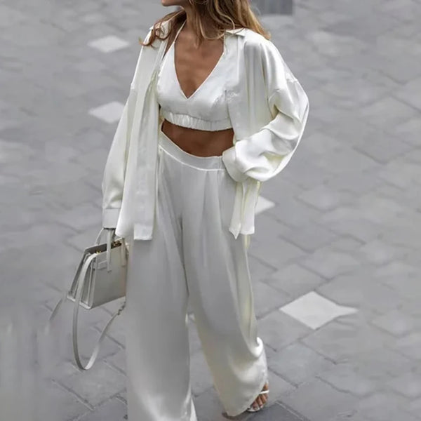 Solid Three Piece Set for Women Lapel Long Sleeve Loose T Shirts Halter Vest High Waist Pant Sets Female