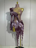 Luxury Diamonds Birthday Evening Party Bar Nightclub Stage Costume Sexy Purple One Shoulder Mesh See Through Bodycon Mini Dress