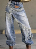 Women Jeans High Waist Deconstructed Layered Patchwork Washed Tassel Fringe Streetwear Fashion Autumn