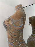 Sparkly Red Rhinestones Women Sexy Mesh See Through High Stretch Bodysuit Nightclub Performance Dance Costume Singer Stage Wear